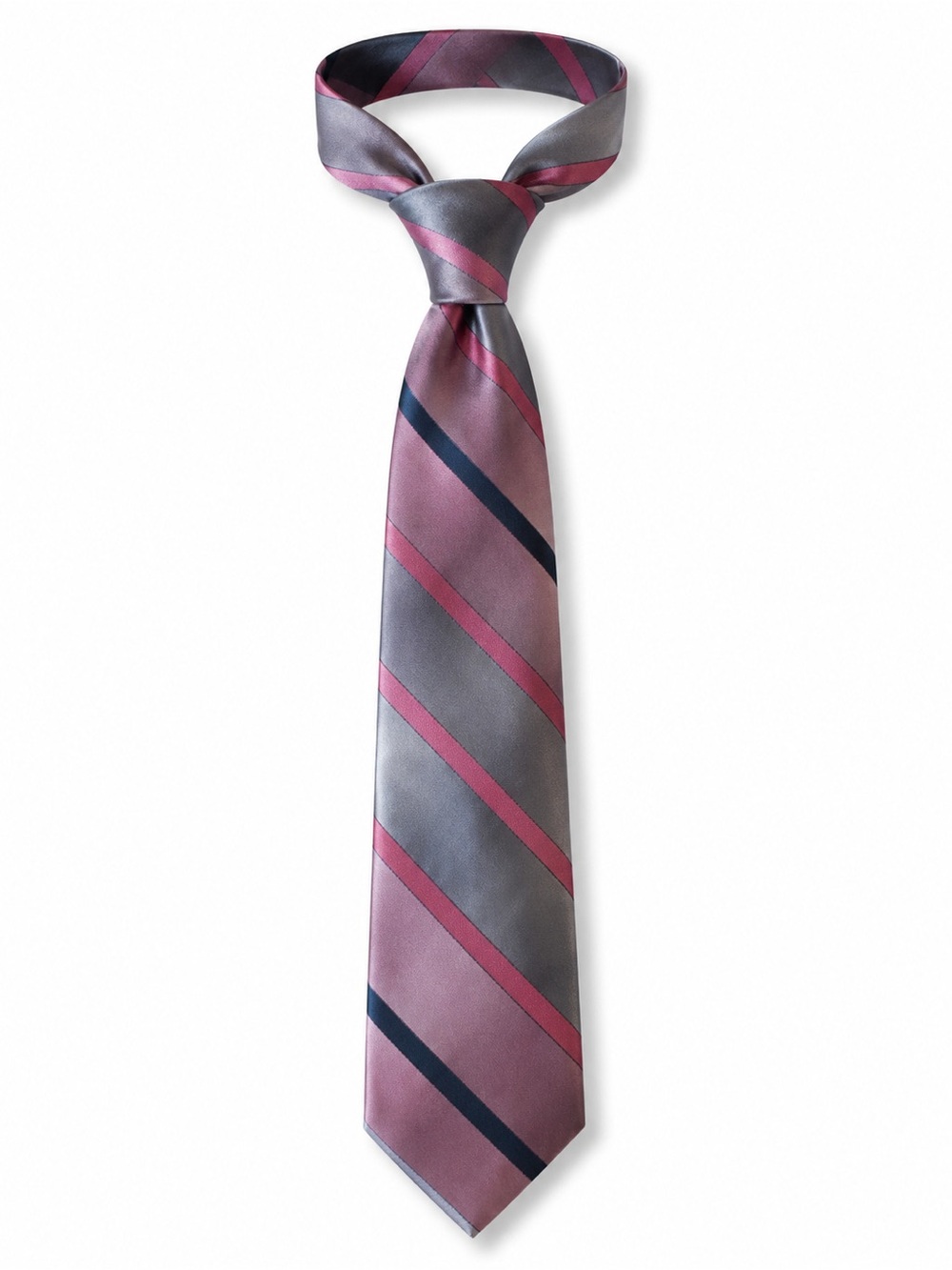 Mens Striped Necktie Pink Gray Navy Diagonal Stripe Silk Blend Made USA Tie